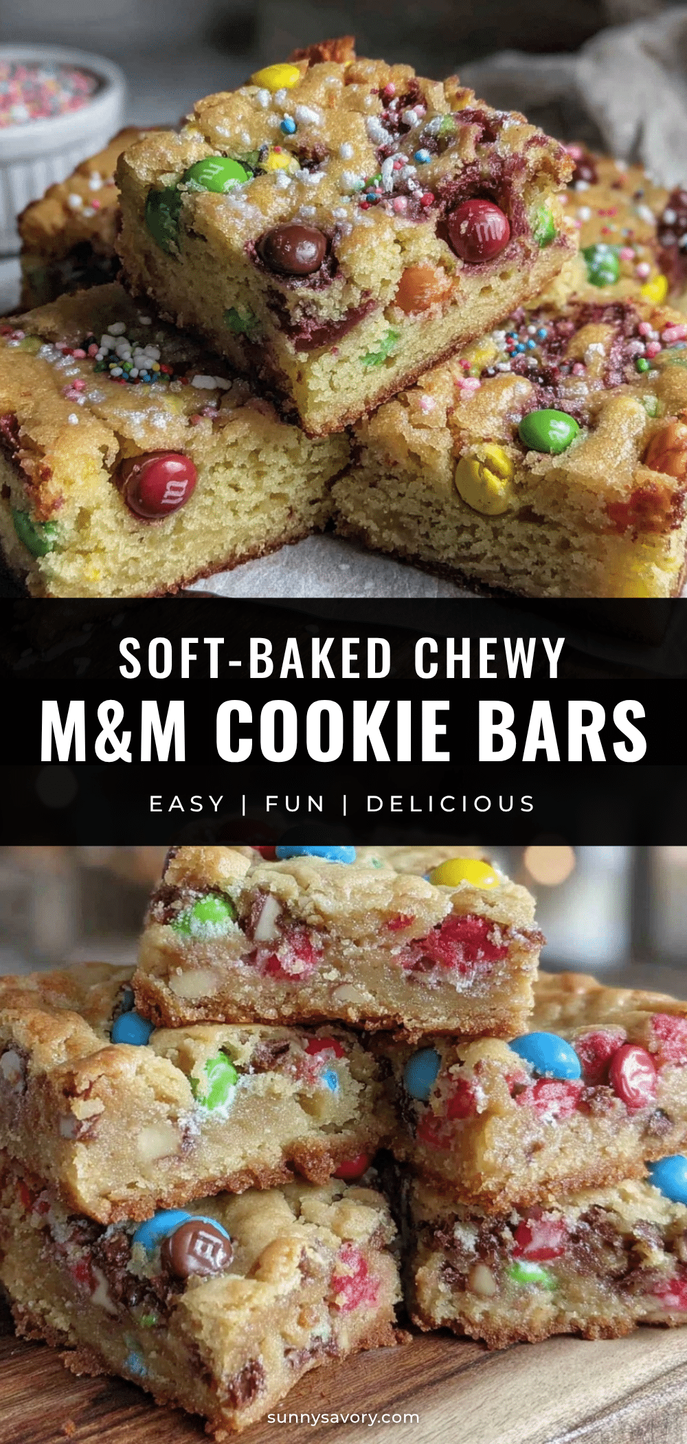 soft-baked chewy M&M cookie bars recipe