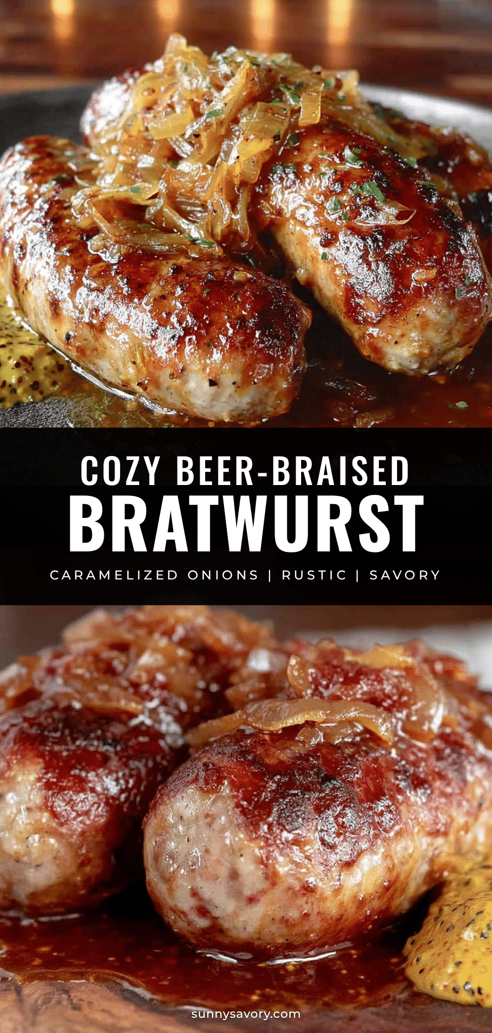 cozy beer-braised bratwurst with caramelized onions recipe