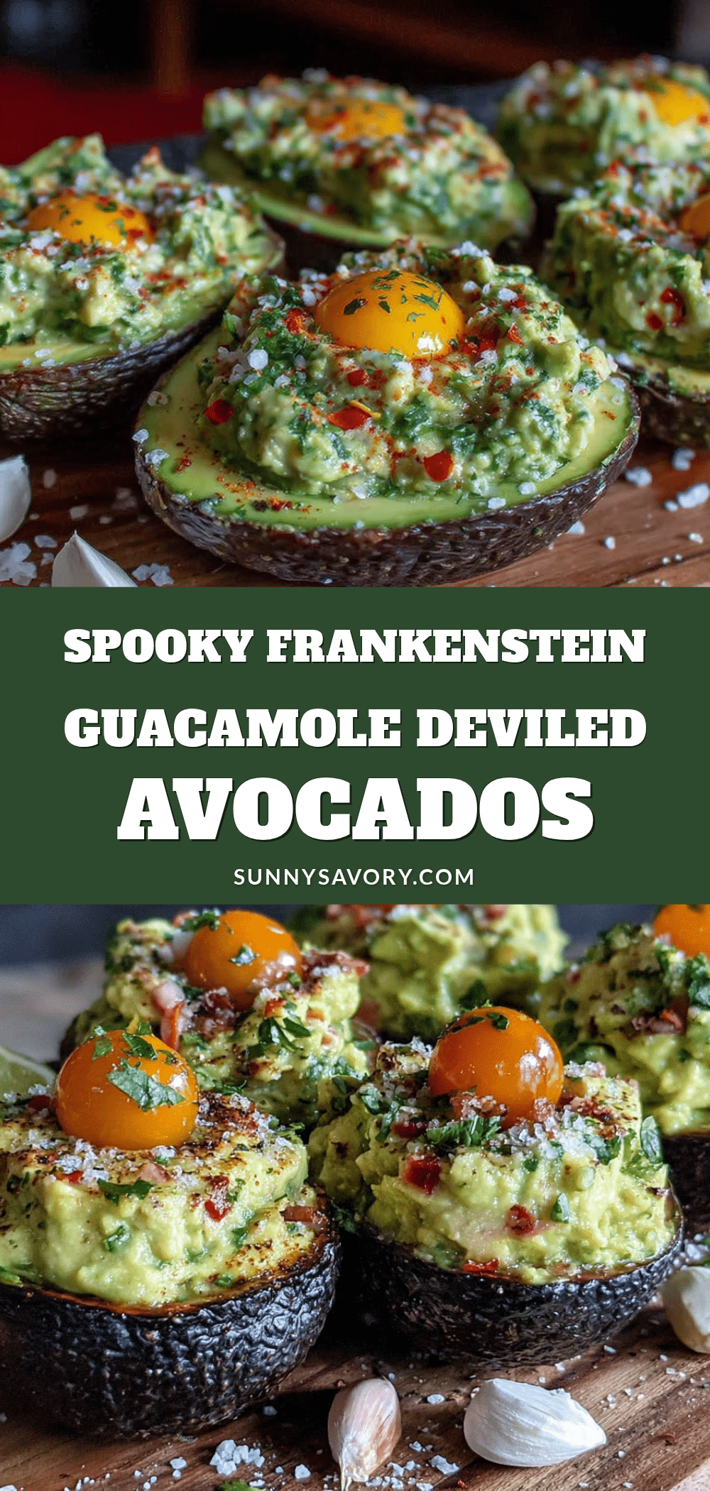 Frankenstein Guacamole Deviled Avocados recipe